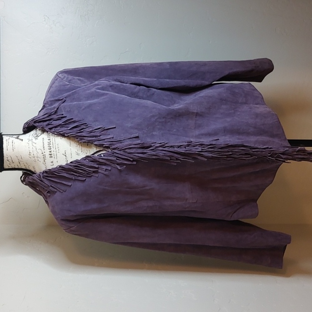 Purple Fringe Leather Jacket Coat In Excellent Condition SZ: L Dialogue